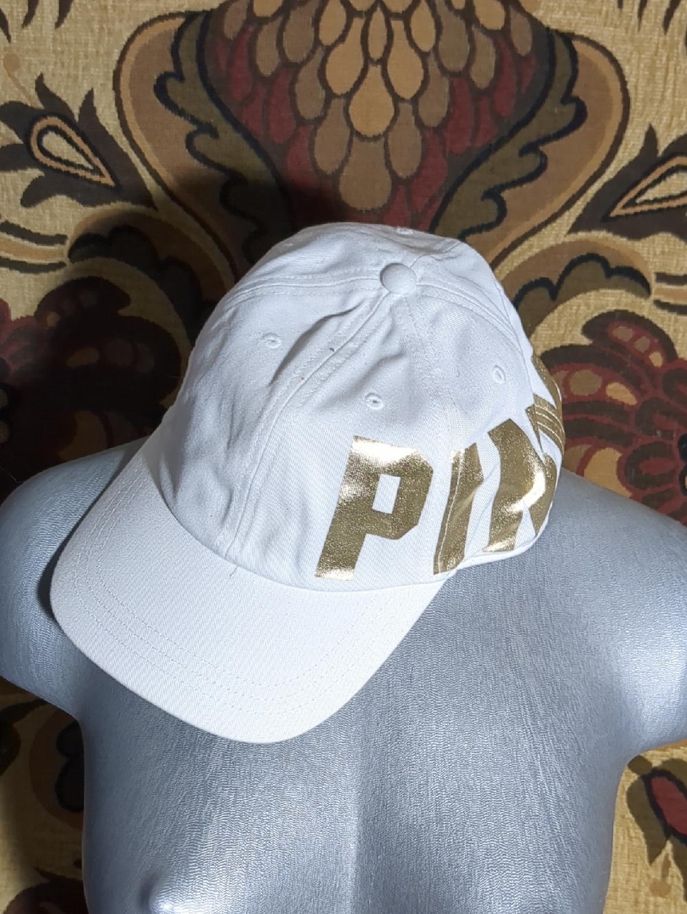 PINK Victoria's Secret White Baseball Cap with Gold Logo